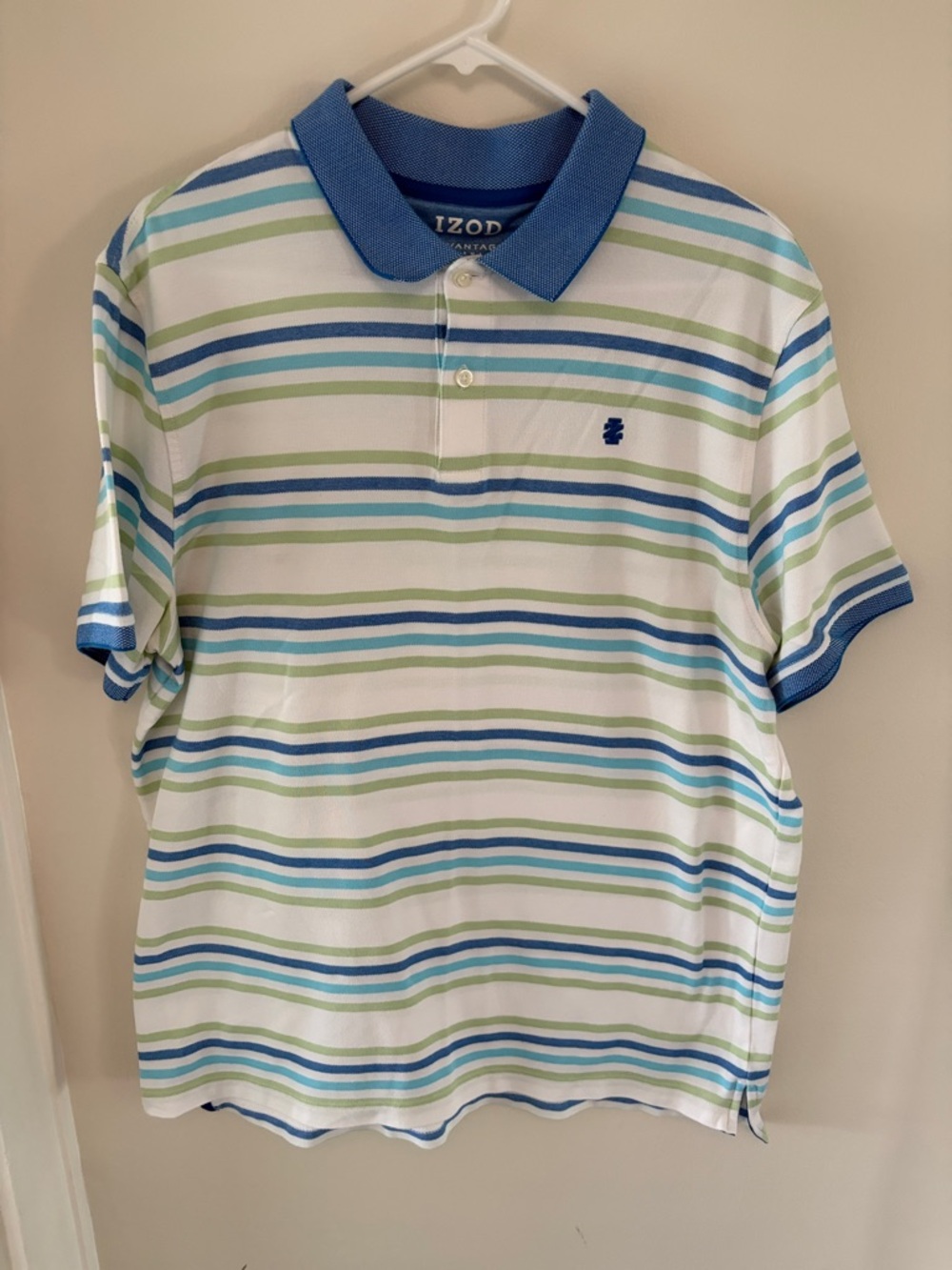 Izod Men’s White Polo with Blue and Light Green Stripes